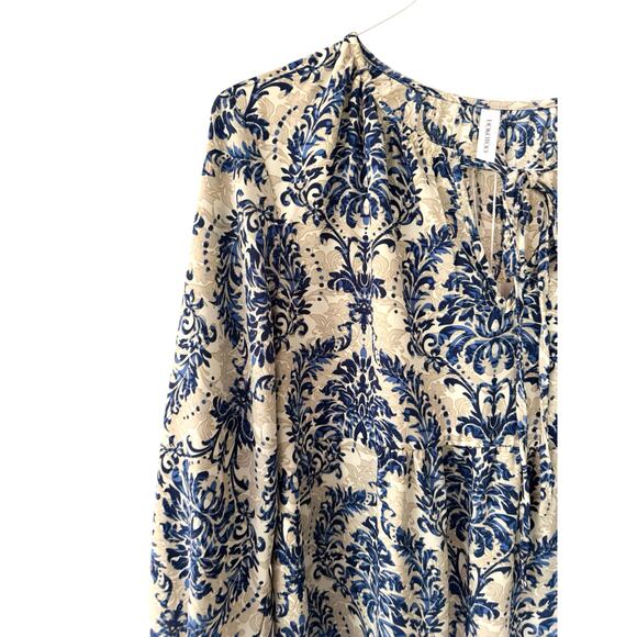 Dokotoo Medium Damask Beige Blue Maxi Dress Tiered NWT Balloon Peasant Boho - Picture 4 of 9